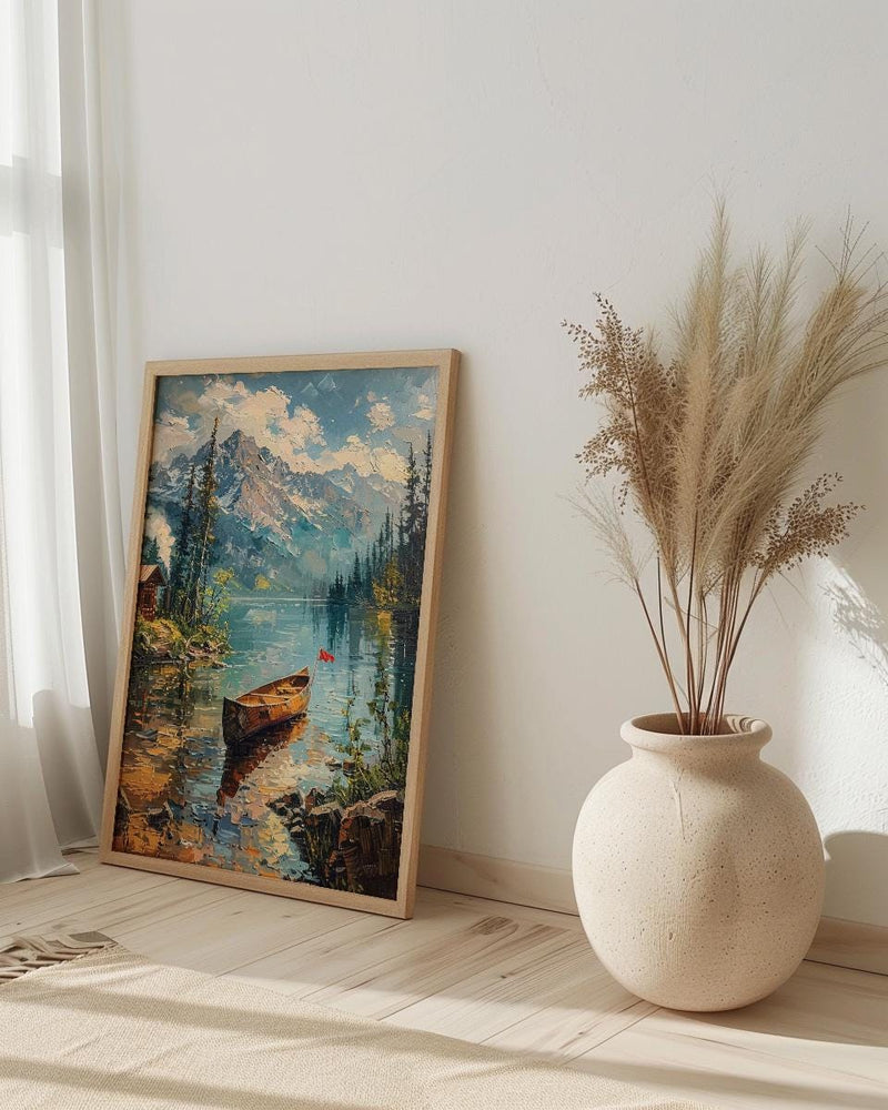 Forest Lake Cabin Art Print, Rustic Summer Decor - Patriotic Nature Poster