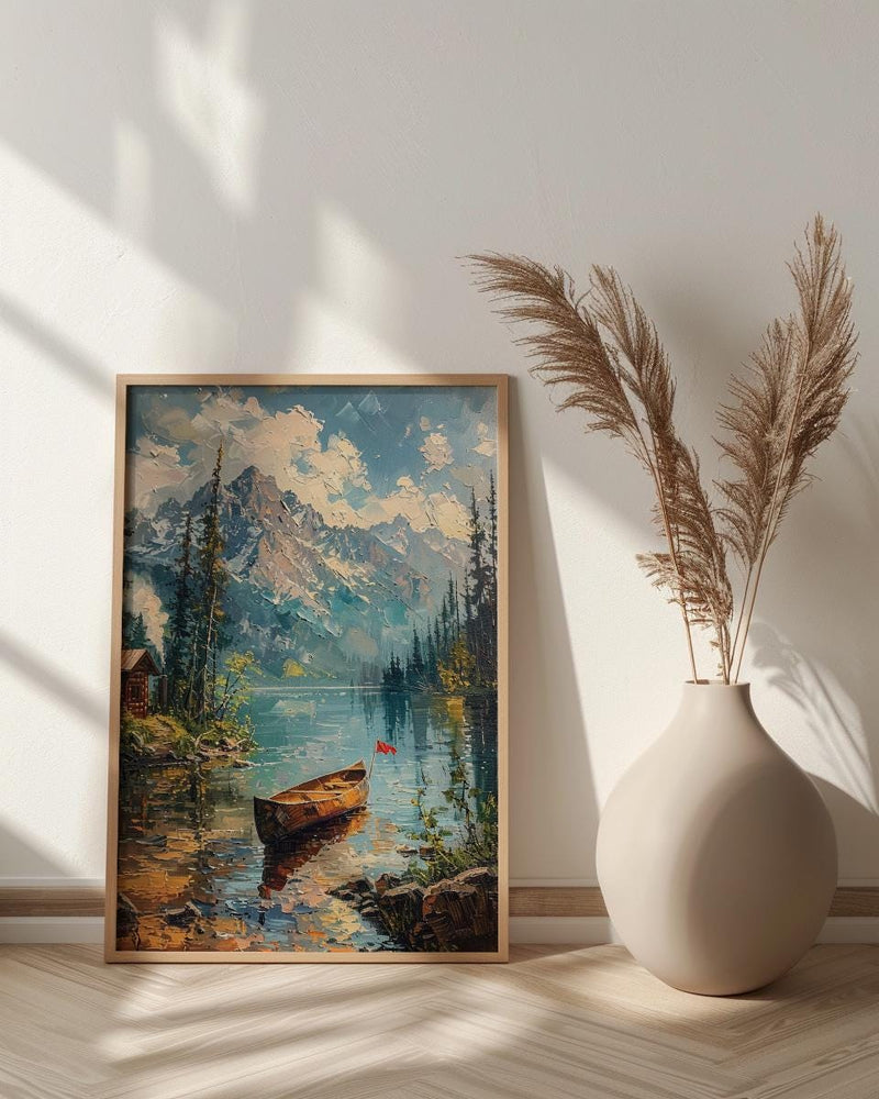 Forest Lake Cabin Art Print, Rustic Summer Decor - Patriotic Nature Poster