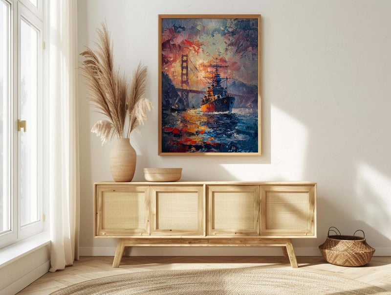 Golden Gate Bridge Art Print, Patriotic SF Decor - Navy Ship Poster