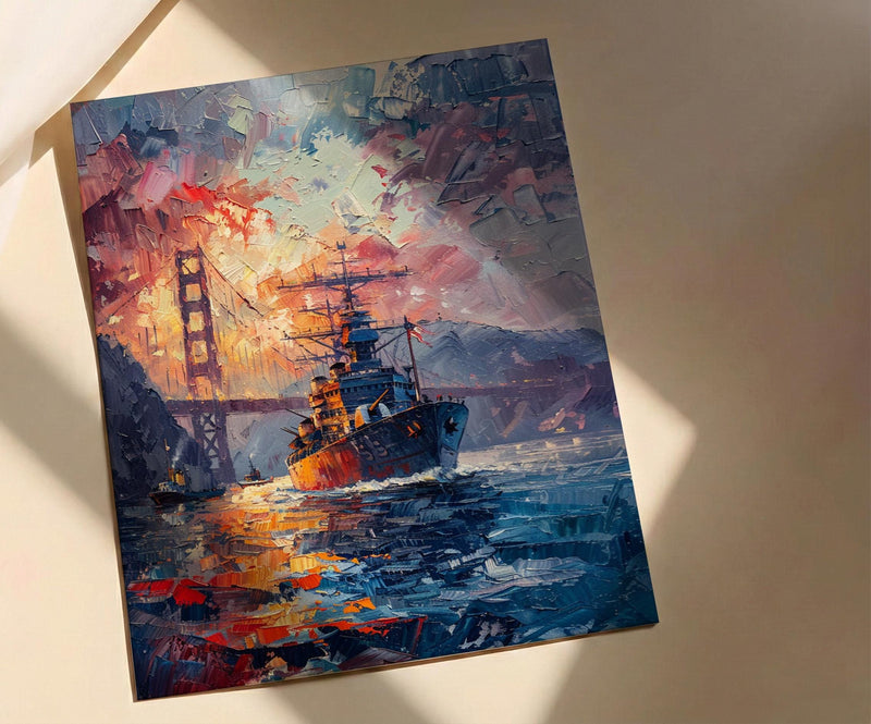 Golden Gate Bridge Art Print, Patriotic SF Decor - Navy Ship Poster