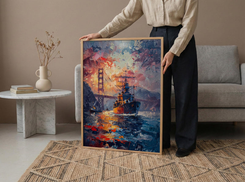 Golden Gate Bridge Art Print, Patriotic SF Decor - Navy Ship Poster