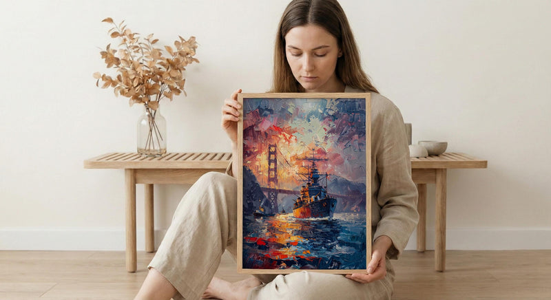 Golden Gate Bridge Art Print, Patriotic SF Decor - Navy Ship Poster