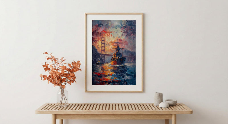 Golden Gate Bridge Art Print, Patriotic SF Decor - Navy Ship Poster