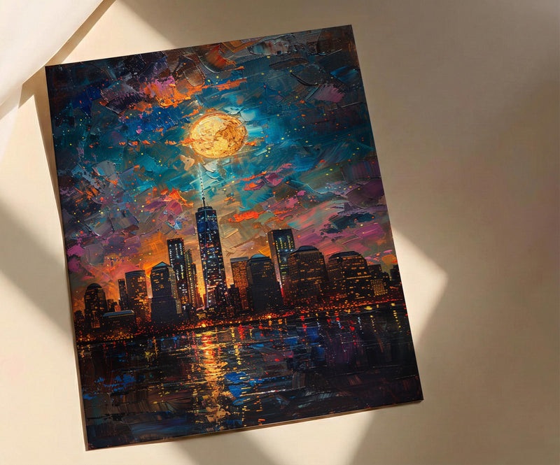 NYC Skyline Wall Art, Patriotic City Decor - Night Lights American Poster