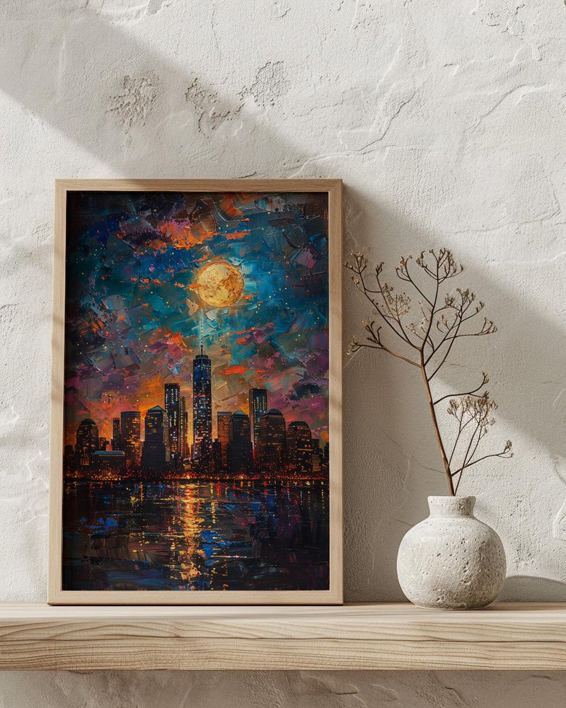NYC Skyline Wall Art, Patriotic City Decor - Night Lights American Poster