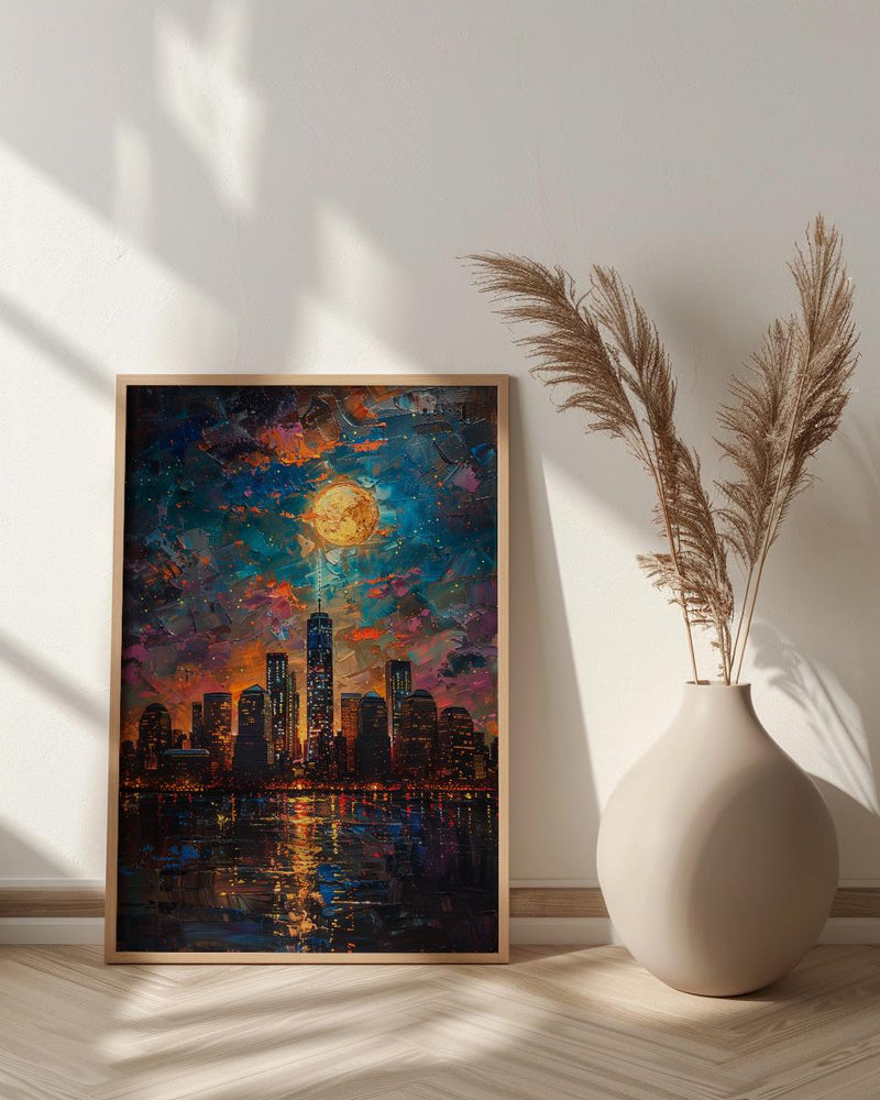 NYC Skyline Wall Art, Patriotic City Decor - Night Lights American Poster