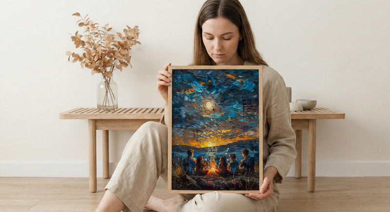 Family Campfire Poster, Summer Night Decor - Patriotic Outdoor Art