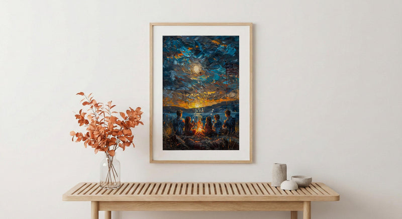 Family Campfire Poster, Summer Night Decor - Patriotic Outdoor Art