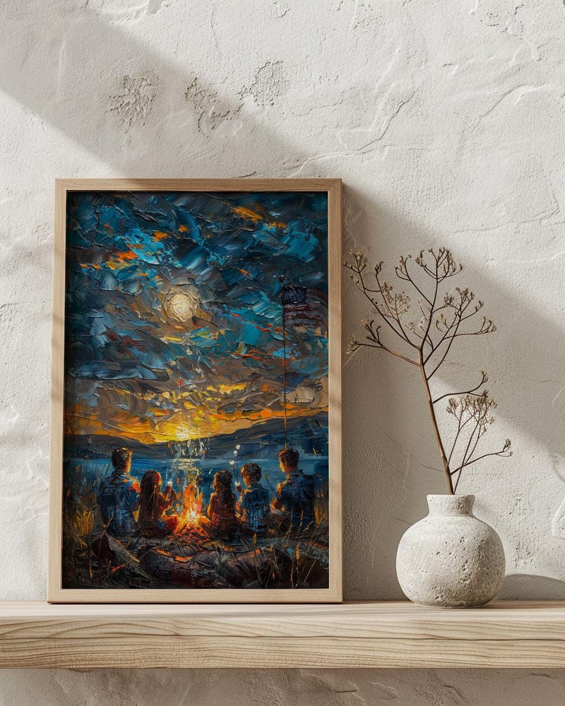 Family Campfire Poster, Summer Night Decor - Patriotic Outdoor Art