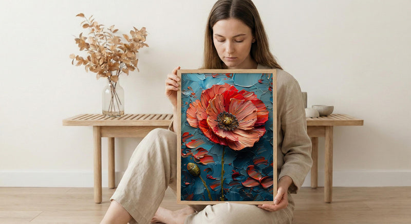 Red Poppy Flag Wall Art, Floral Patriotic Decor - Abstract Botanical Print