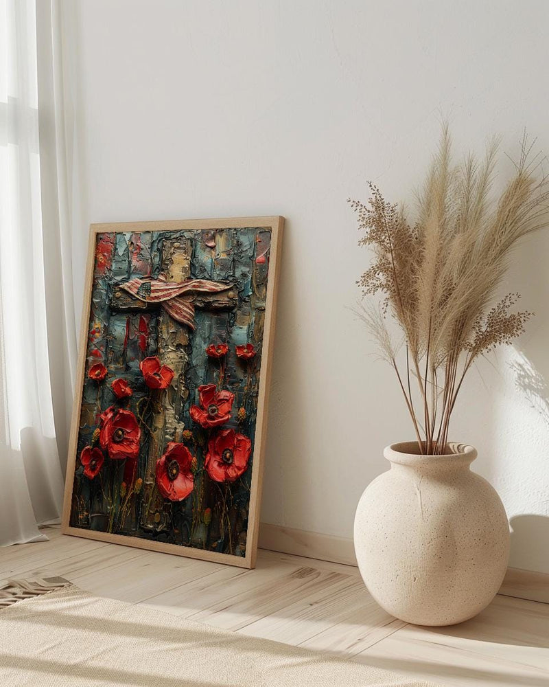 Wooden Cross Flag Art Print, Christian Patriotic Decor - Memorial Poppies Poster