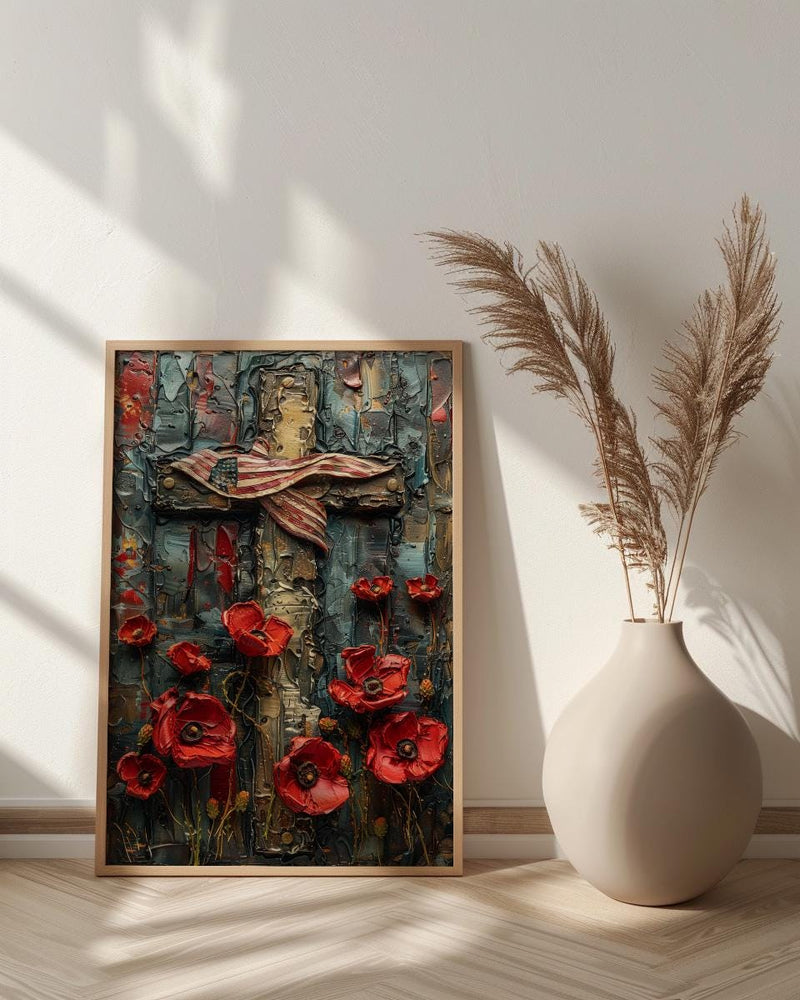 Wooden Cross Flag Art Print, Christian Patriotic Decor - Memorial Poppies Poster