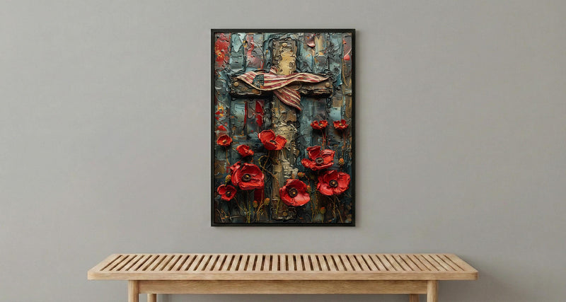 Wooden Cross Flag Art Print, Christian Patriotic Decor - Memorial Poppies Poster