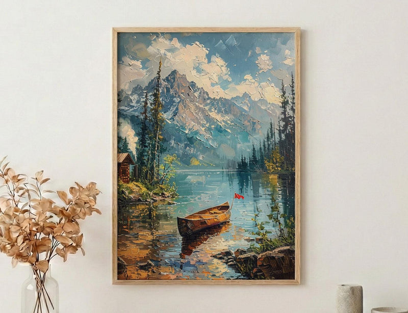 Forest Lake Cabin Art Print, Rustic Summer Decor - Patriotic Nature Poster