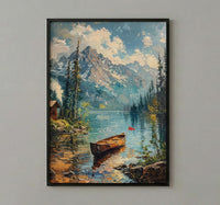 Forest Lake Cabin Art Print, Rustic Summer Decor - Patriotic Nature Poster