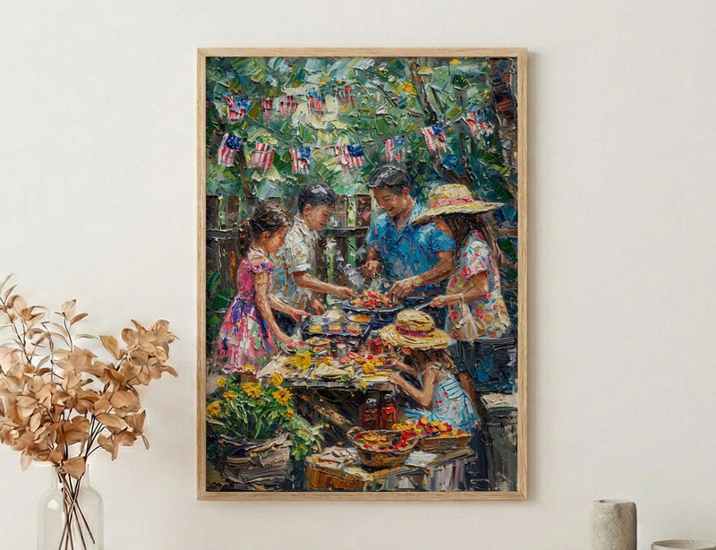4th of July BBQ Poster, Summer Backyard Decor - Patriotic Family Art