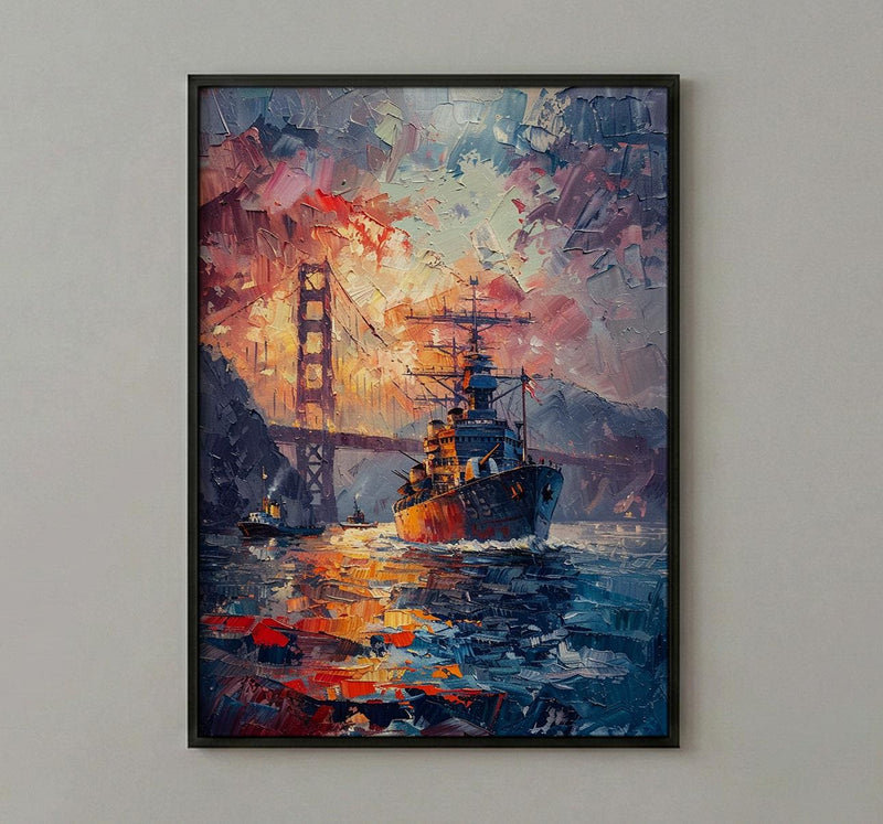 Golden Gate Bridge Art Print, Patriotic SF Decor - Navy Ship Poster