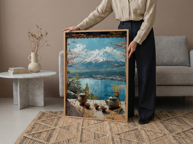 Japan Window Art Print, Mount Fuji Wall Decor - Matcha Tea Zen Landscape