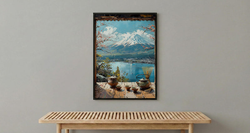 Japan Window Art Print, Mount Fuji Wall Decor - Matcha Tea Zen Landscape