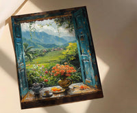 Bali Window Poster, Rice Terrace Decor - Floating Breakfast Jungle Art