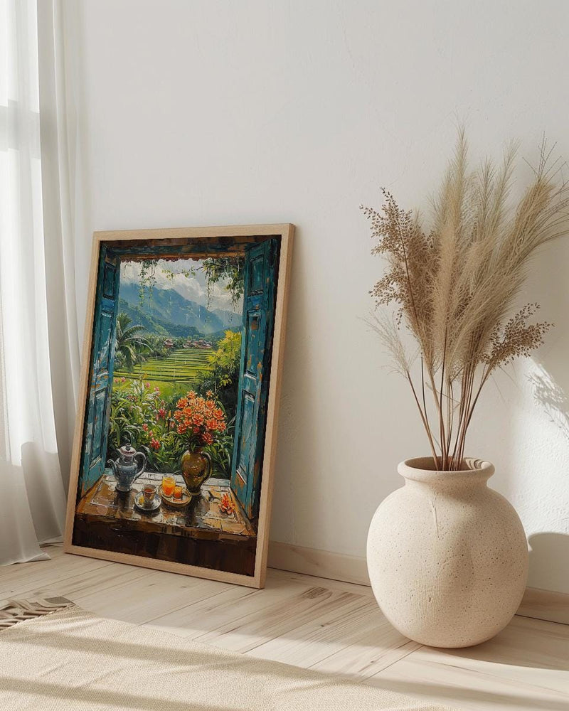 Bali Window Poster, Rice Terrace Decor - Floating Breakfast Jungle Art