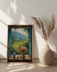 Bali Window Poster, Rice Terrace Decor - Floating Breakfast Jungle Art