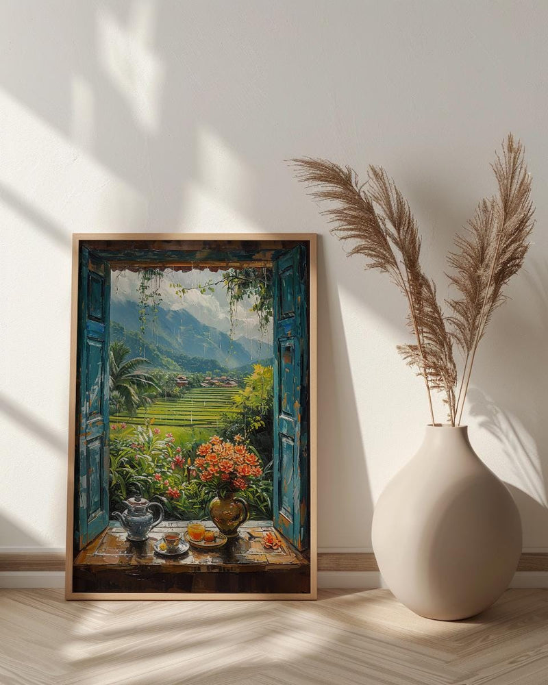 Bali Window Poster, Rice Terrace Decor - Floating Breakfast Jungle Art