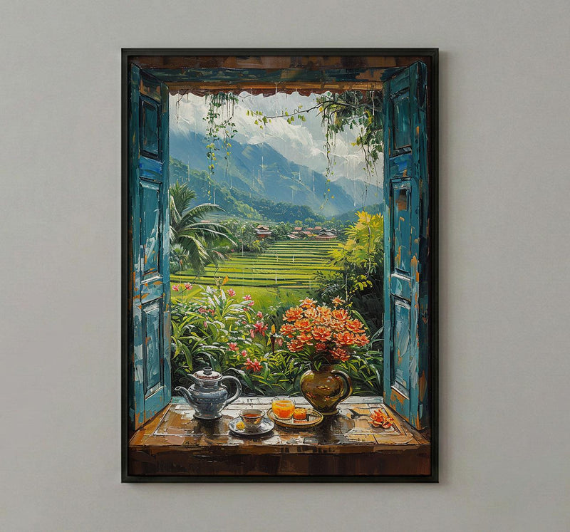 Bali Window Poster, Rice Terrace Decor - Floating Breakfast Jungle Art