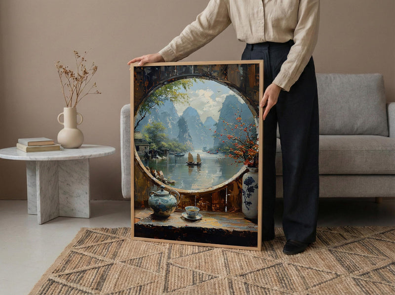 China Window Art Print, Karst Mountains Decor - Traditional Tea Pot