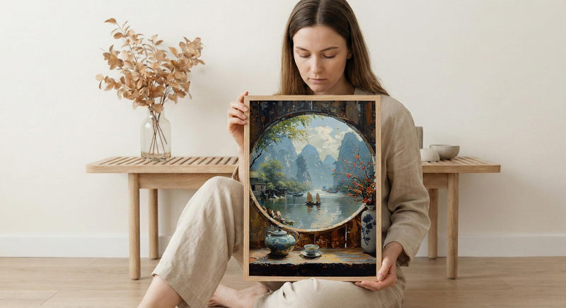 China Window Art Print, Karst Mountains Decor - Traditional Tea Pot