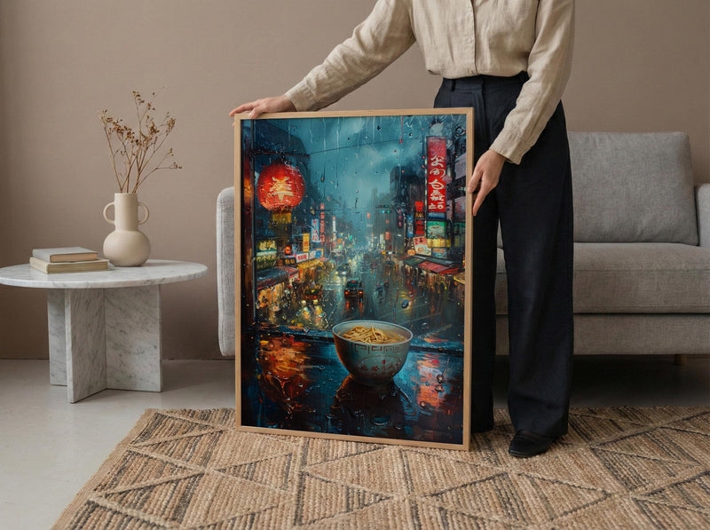 Tokyo Window Poster, Cyberpunk Neon Decor - Rainy City Ramen Bowl