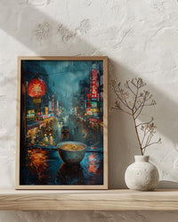 Tokyo Window Poster, Cyberpunk Neon Decor - Rainy City Ramen Bowl