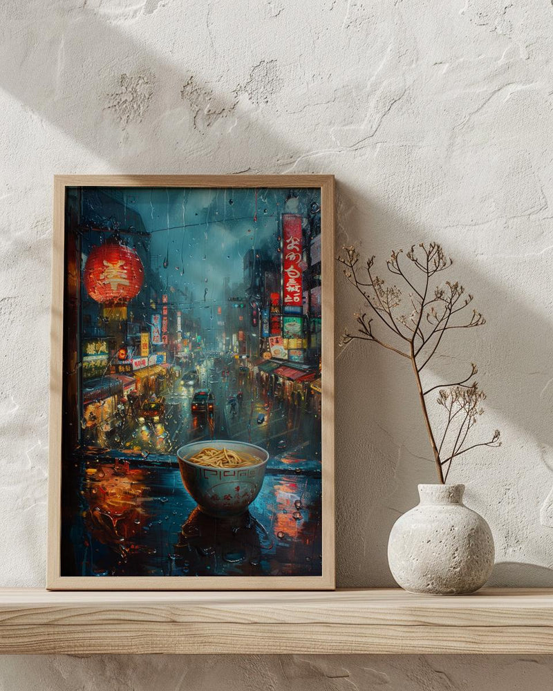 Tokyo Window Poster, Cyberpunk Neon Decor - Rainy City Ramen Bowl