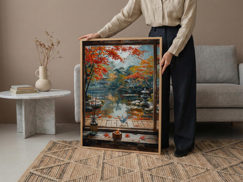 Kyoto Window Art Print, Zen Garden Decor - Autumn Red Maple Origami