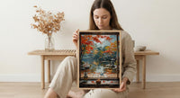 Kyoto Window Art Print, Zen Garden Decor - Autumn Red Maple Origami
