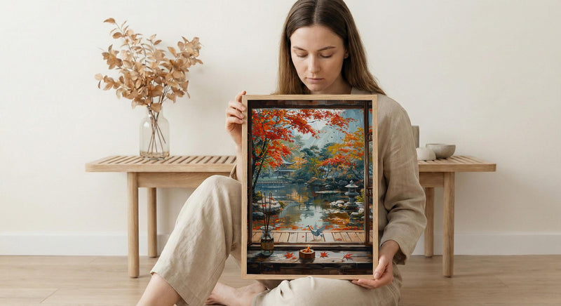 Kyoto Window Art Print, Zen Garden Decor - Autumn Red Maple Origami
