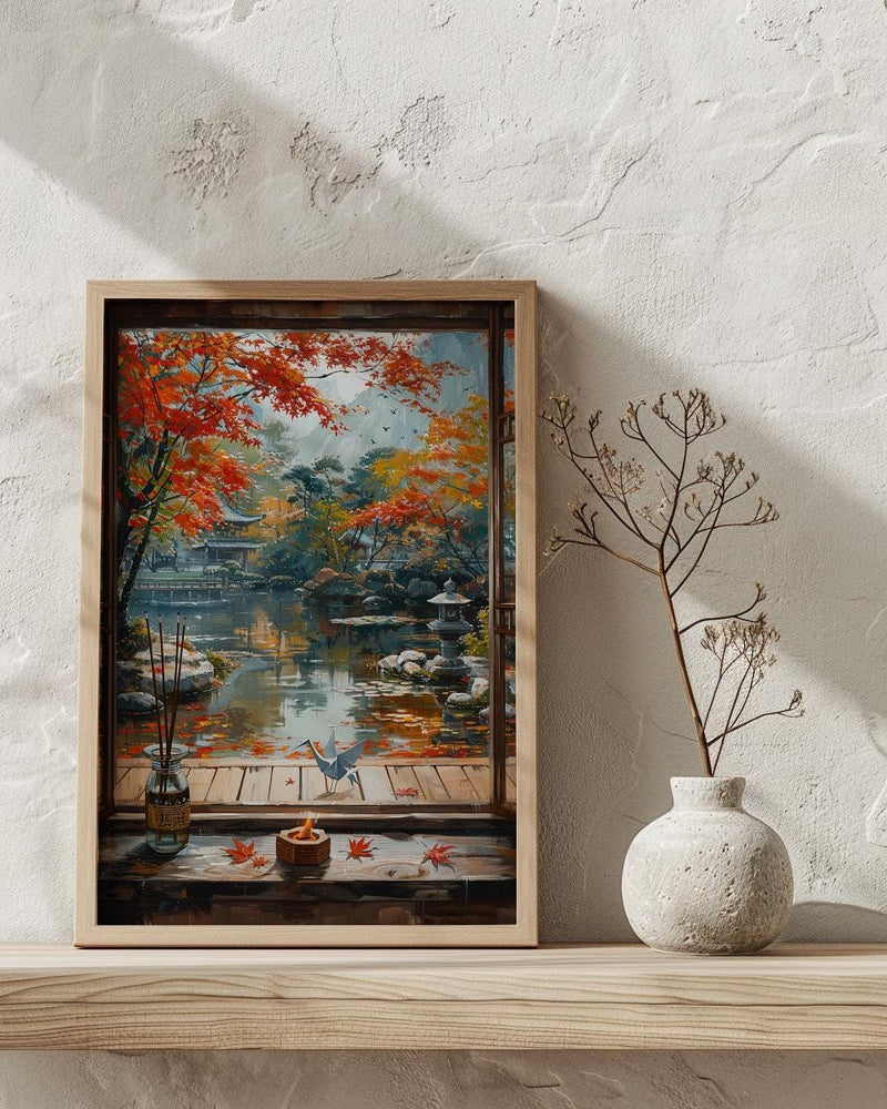 Kyoto Window Art Print, Zen Garden Decor - Autumn Red Maple Origami