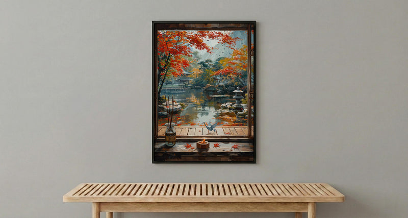Kyoto Window Art Print, Zen Garden Decor - Autumn Red Maple Origami
