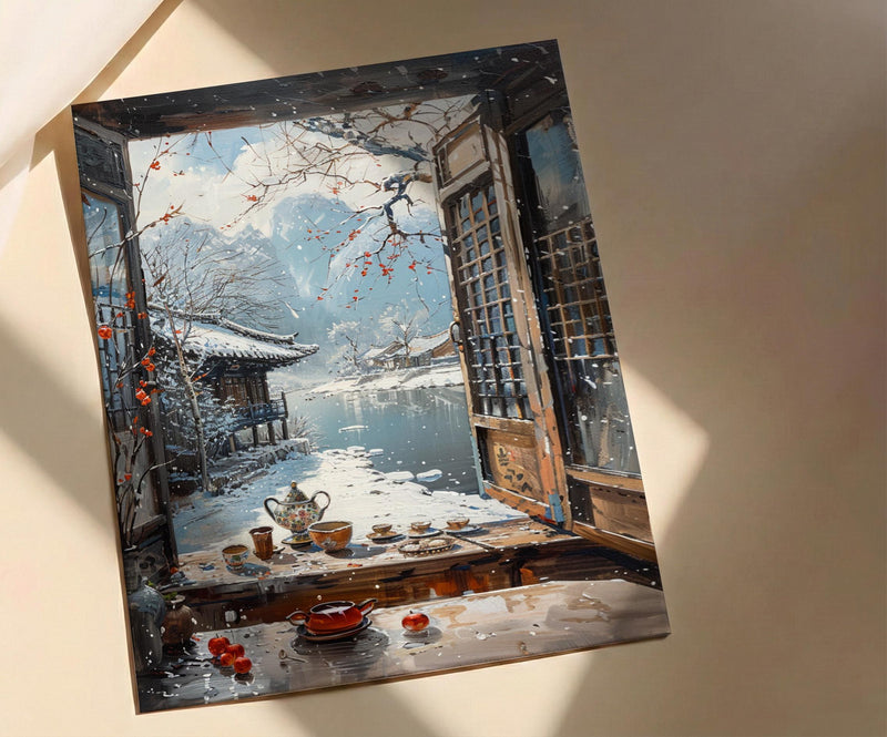 Korea Window Wall Art, Hanok Village Decor - Winter Snowy Tea Set