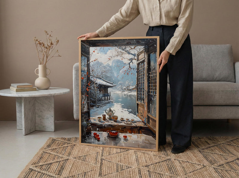Korea Window Wall Art, Hanok Village Decor - Winter Snowy Tea Set