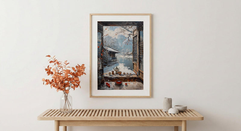 Korea Window Wall Art, Hanok Village Decor - Winter Snowy Tea Set