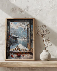 Korea Window Wall Art, Hanok Village Decor - Winter Snowy Tea Set