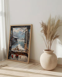 Korea Window Wall Art, Hanok Village Decor - Winter Snowy Tea Set