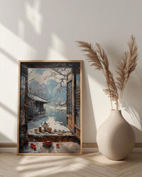 Korea Window Wall Art, Hanok Village Decor - Winter Snowy Tea Set