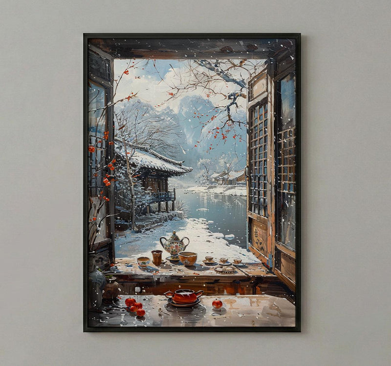 Korea Window Wall Art, Hanok Village Decor - Winter Snowy Tea Set