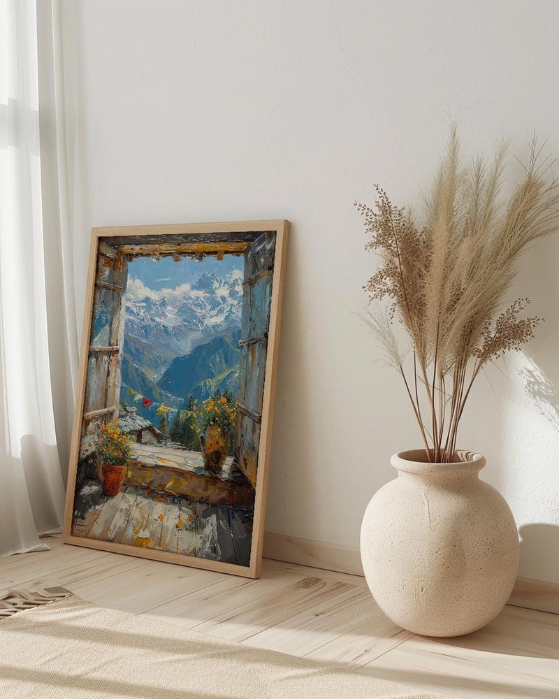 Himalayas Window Art Print, Snow Peak Decor - Prayer Flags Nepal