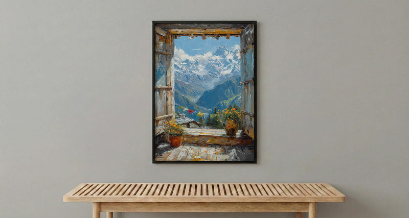 Himalayas Window Art Print, Snow Peak Decor - Prayer Flags Nepal