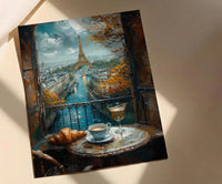 Paris Window Art Print, Eiffel Tower Decor - Croissant Cafe Landscape