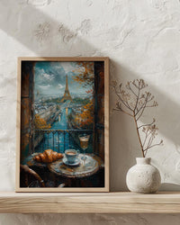 Paris Window Art Print, Eiffel Tower Decor - Croissant Cafe Landscape