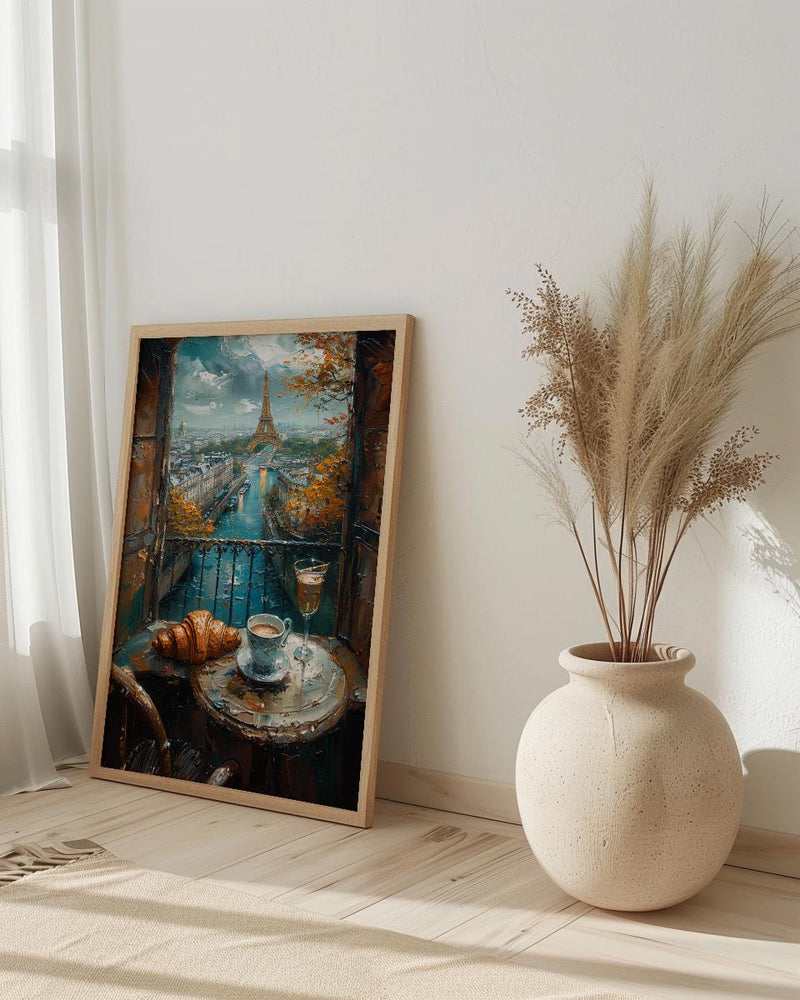 Paris Window Art Print, Eiffel Tower Decor - Croissant Cafe Landscape